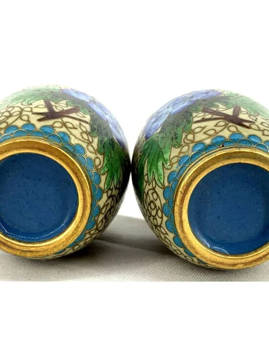Cloisonne Mini Vases Gold Toned Asian Enamel Vases Floral 4" Tall Vtg Mini - Picture 8 of 8